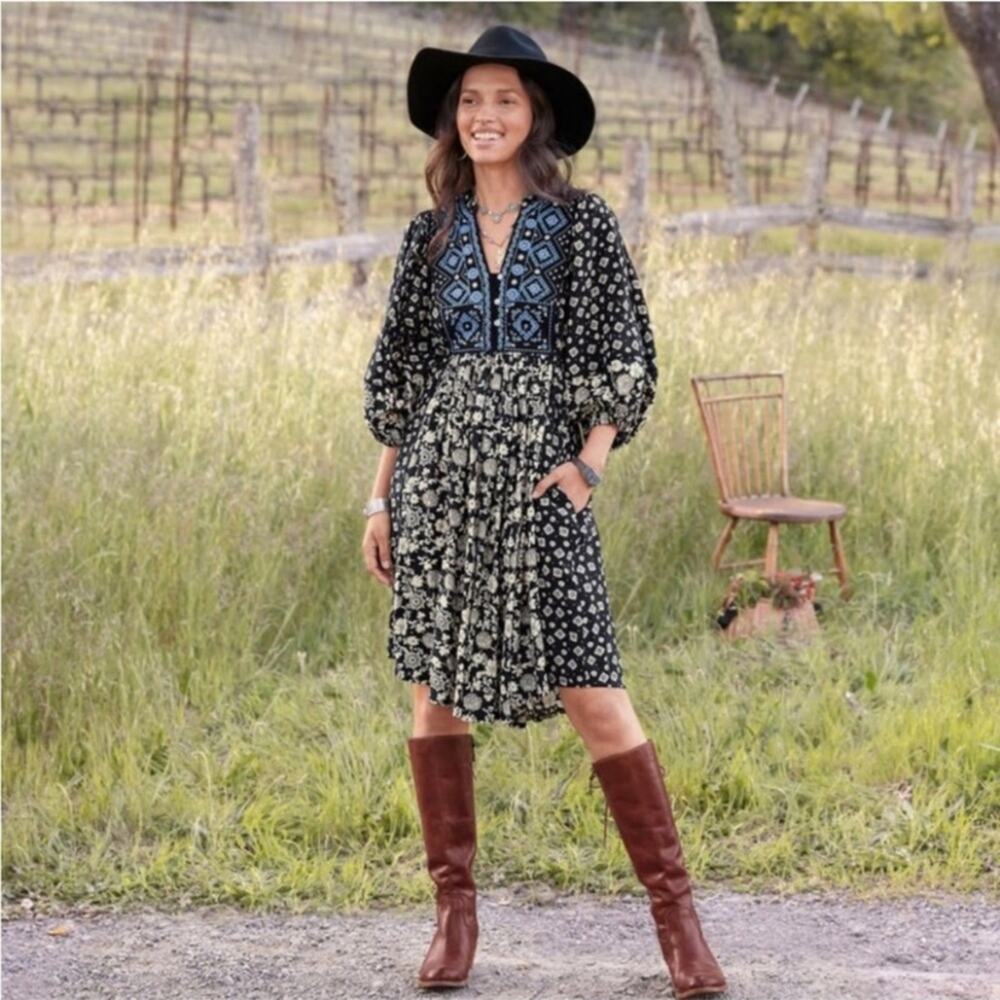 Sundance Livie Embroidered Black Blue Peasant Boho Dress size PXXS